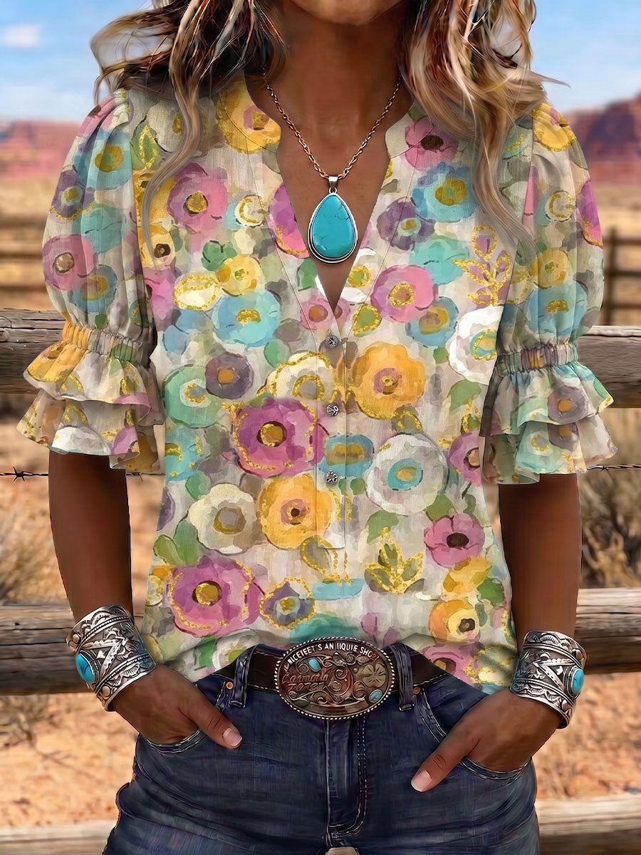 Vintage Art Print Comfortable Summer Fabrics Puff Sleeve Casual Shirt